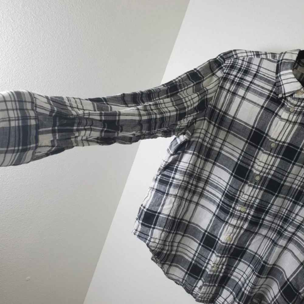 Ralph Lauren Black White Plaid Slub Linen Shirt Button Down Long Sleeve Youth Lg